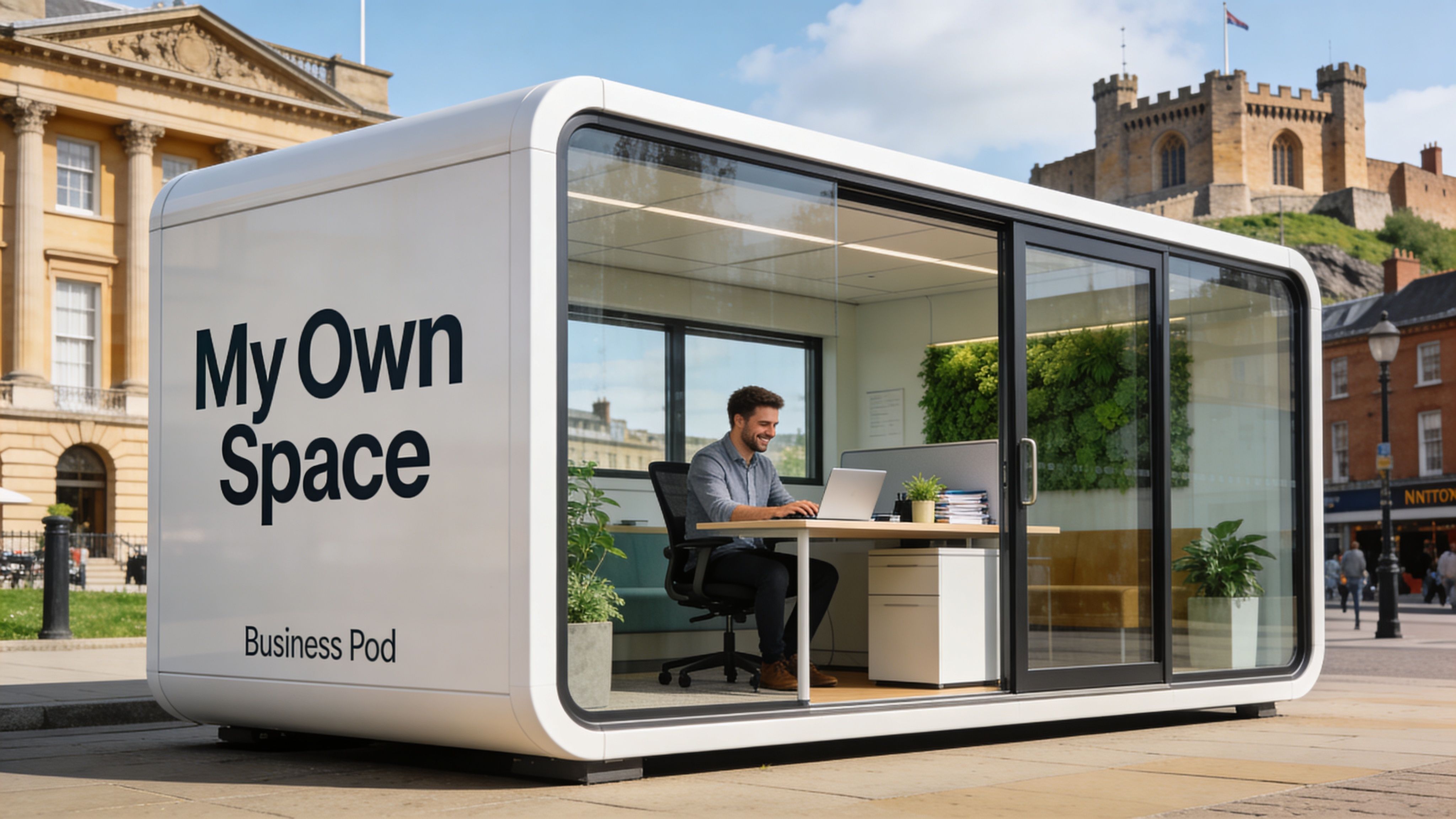A modern, standalone business pod office located in a public square in Nottingham with a man working.