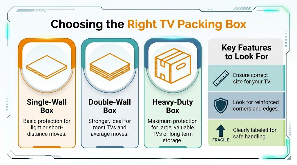 A helpful guide comparing single-wall, double-wall, and heavy-duty TV packing boxes with essential safety tips for moving.