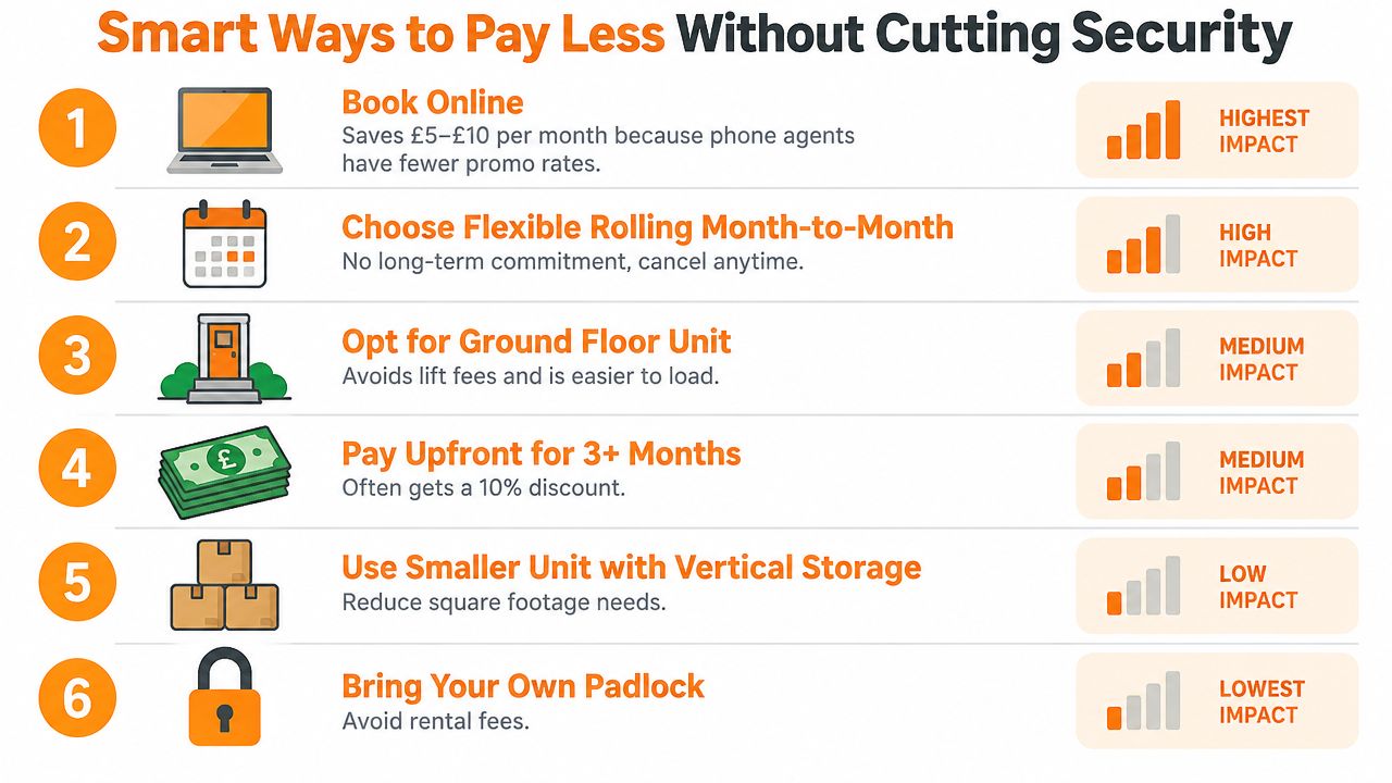 An infographic showing six smart tips to reduce self storage costs without compromising on unit security.