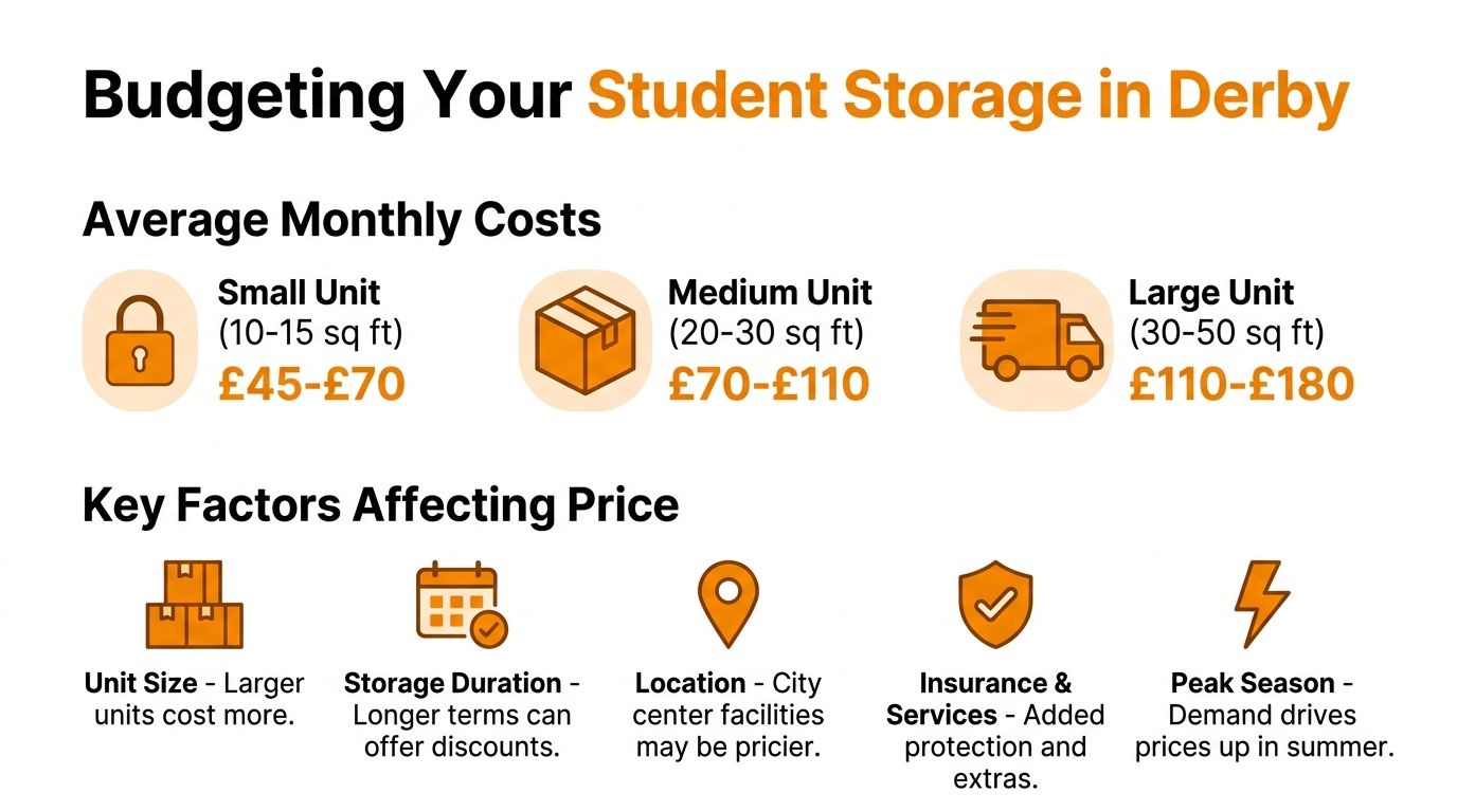 A visual guide illustrating the average monthly costs and key pricing factors for student storage in Derby.