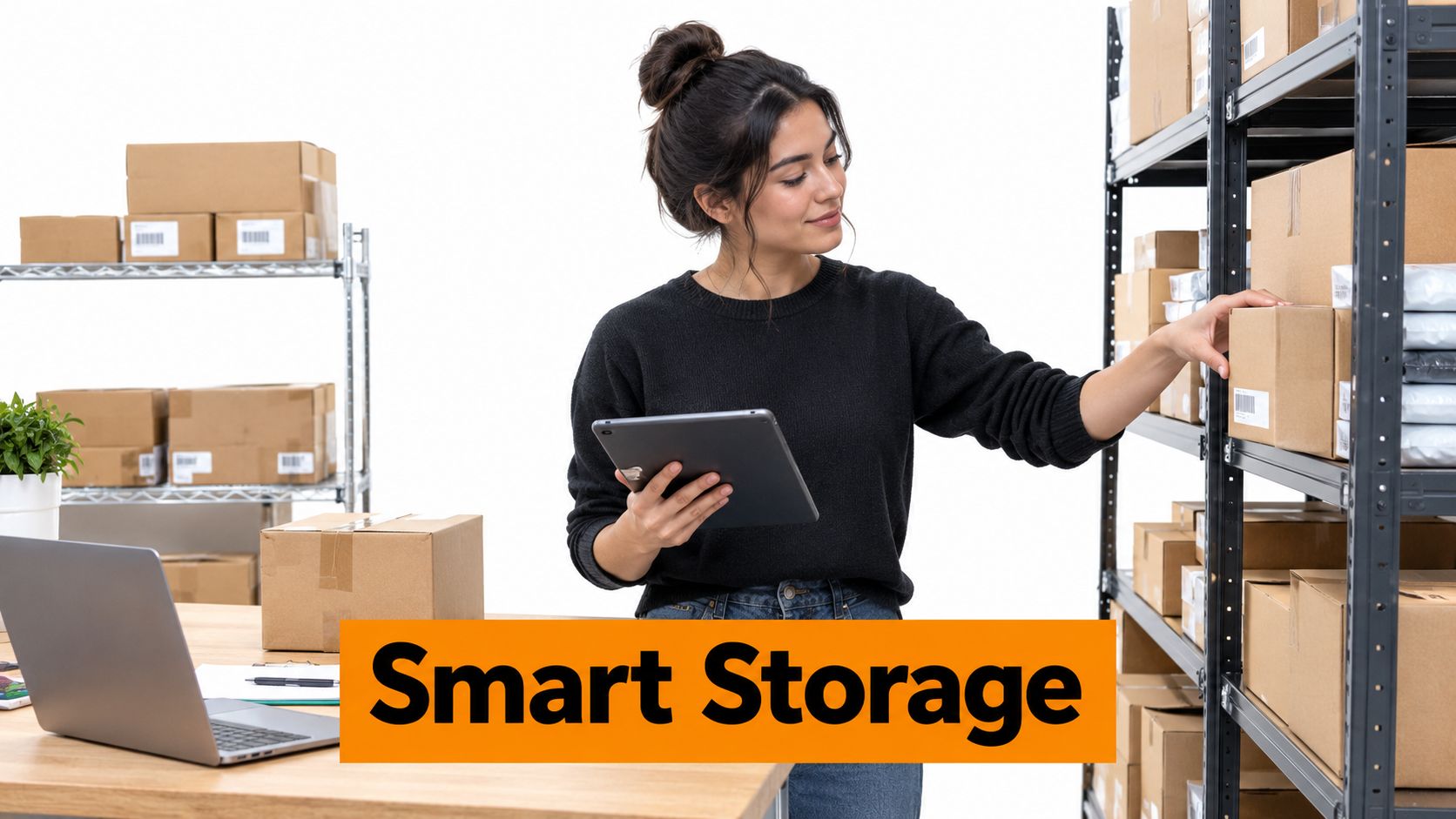 A woman working in a warehouse holding a tablet while organizing boxes on metal storage shelving.