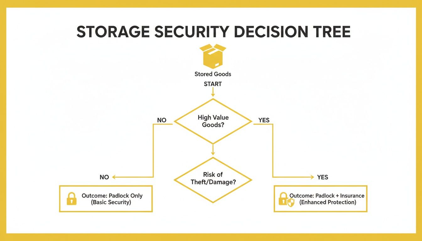 Decision tree flowchart illustrating storage security options based on goods value and risk of theft or damage.