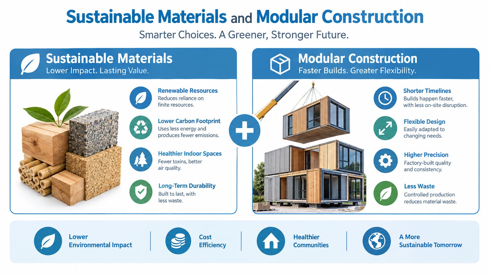 sustainable self storage design modular construction • Sustainable Self Storage Design: A Practical Guide An infographic detailing the benefits of combining sustainable building materials with modular construction techniques for greener projects.