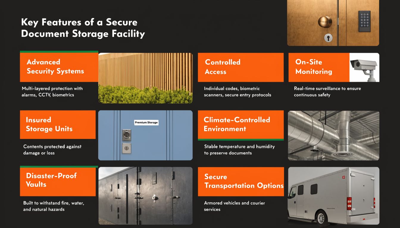 An infographic detailing the six key features required for a secure and protected document storage facility.