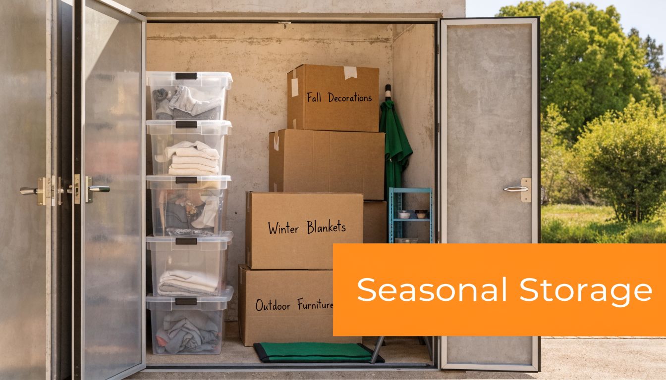 An open storage unit filled with clear plastic containers and cardboard boxes labeled for seasonal belongings.