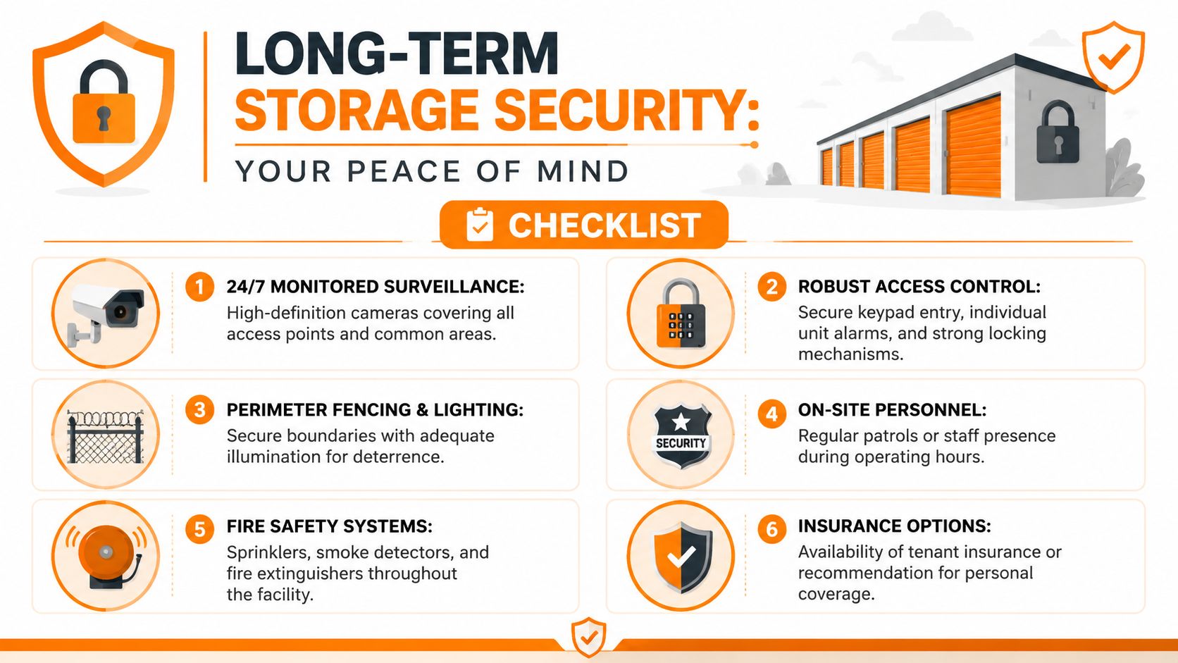 A checklist infographic detailing essential security measures for long-term storage unit facilities, including surveillance and fire systems.