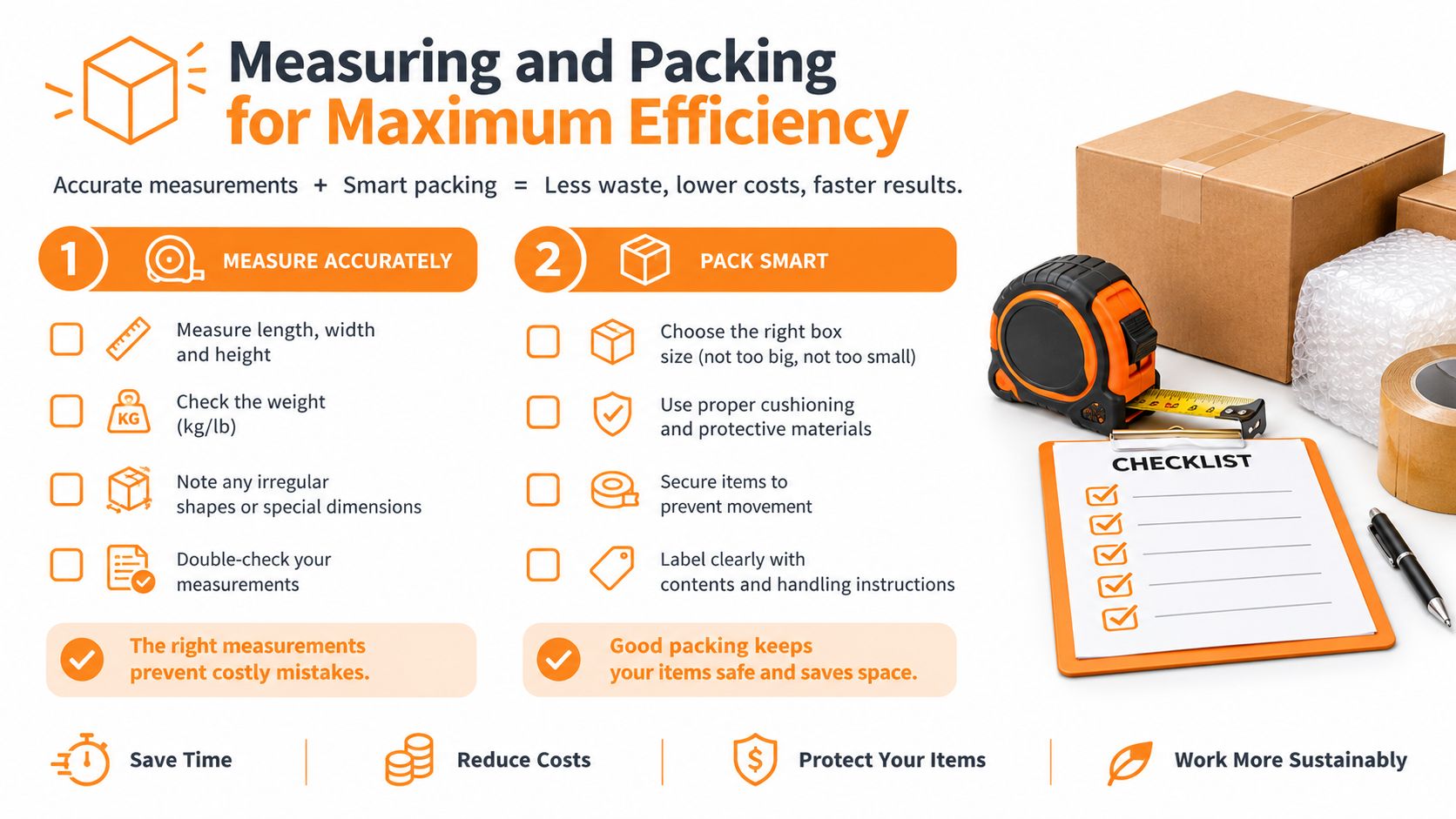 A professional infographic detailing tips for measuring packages and smart packing to ensure shipping efficiency.
