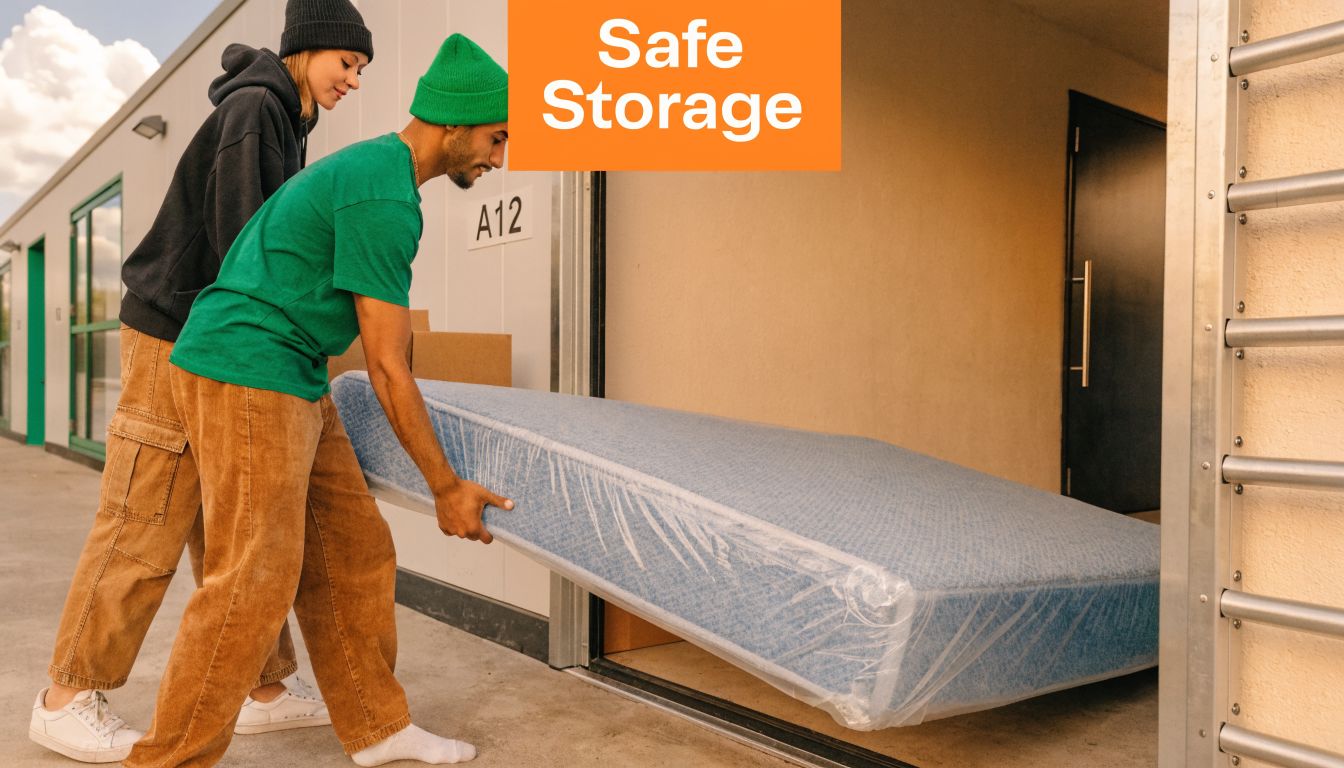 A man and a woman carrying a plastic-wrapped mattress into a self-storage facility unit labeled A12.