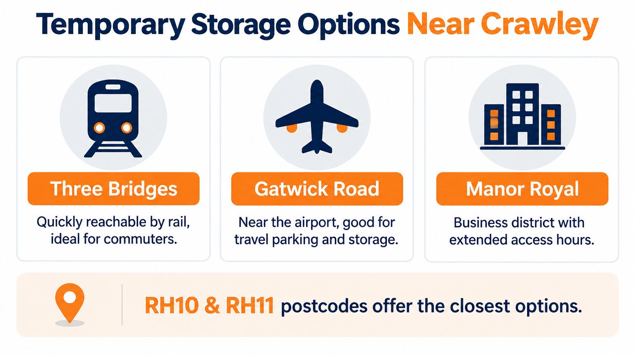 An infographic showing three temporary storage locations in Crawley, including Three Bridges, Gatwick Road, and Manor Royal.