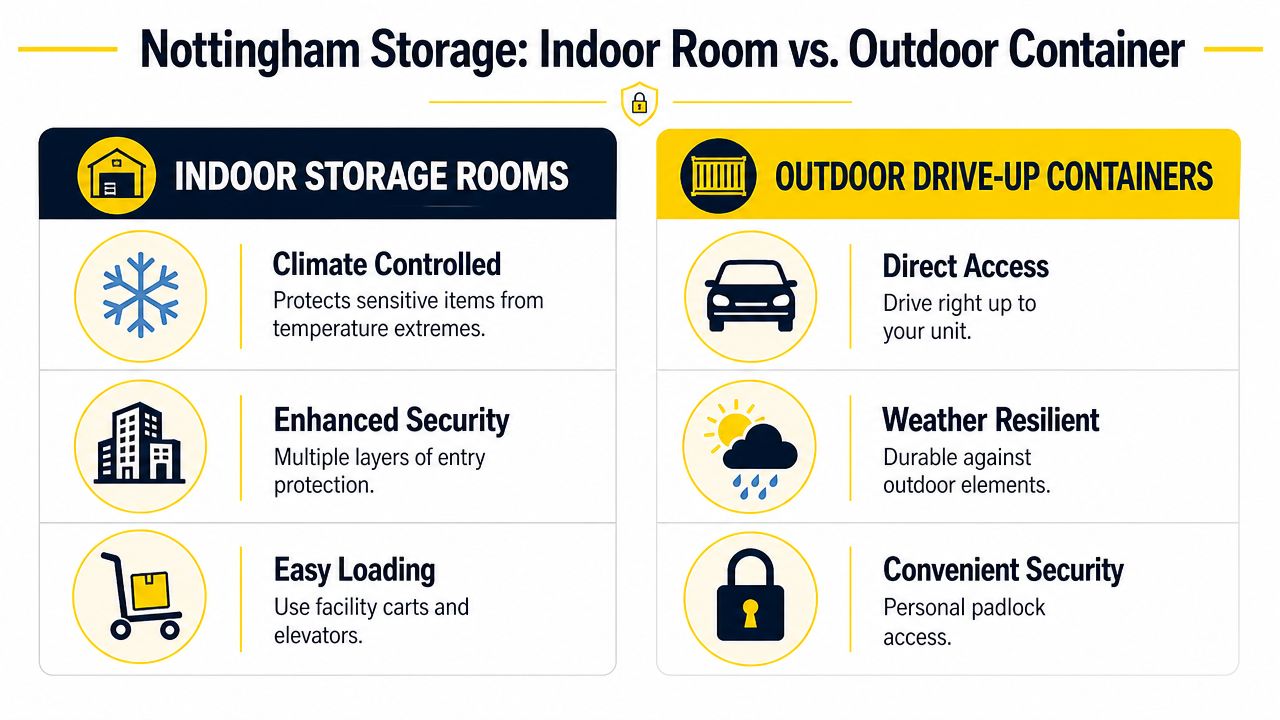 A comparison chart showing features of indoor storage rooms and outdoor drive-up containers in Nottingham.