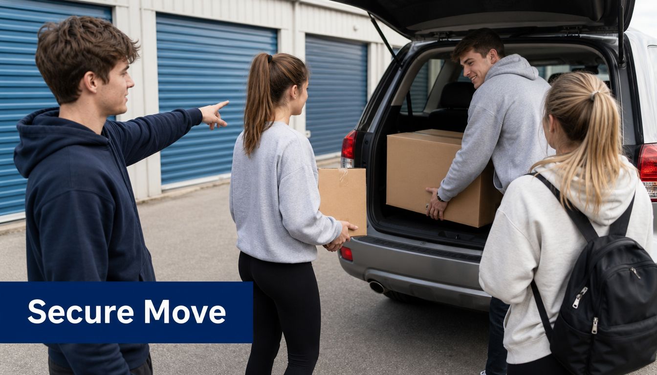 A group of students helping each other load cardboard moving boxes into the back of a car.