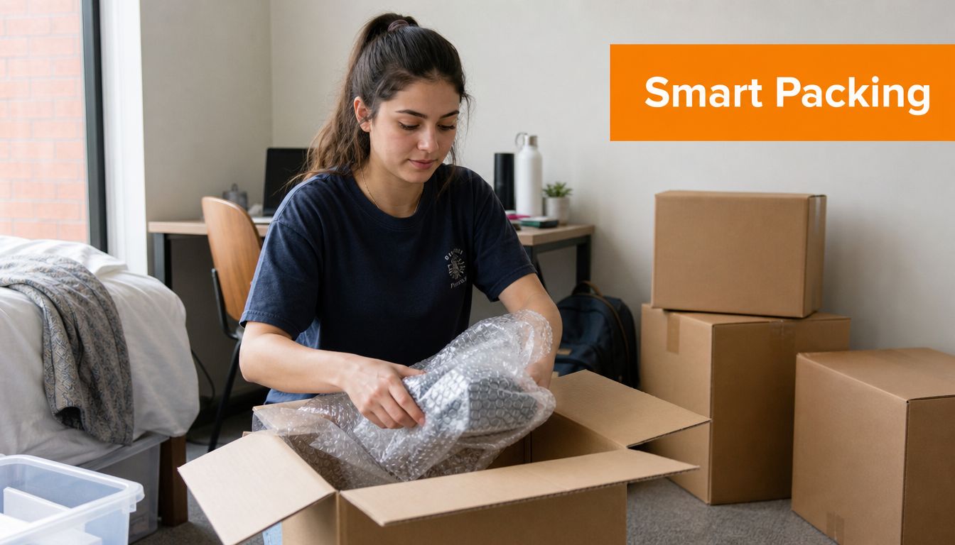 A female college student carefully packing personal belongings into a cardboard box in her dormitory room.