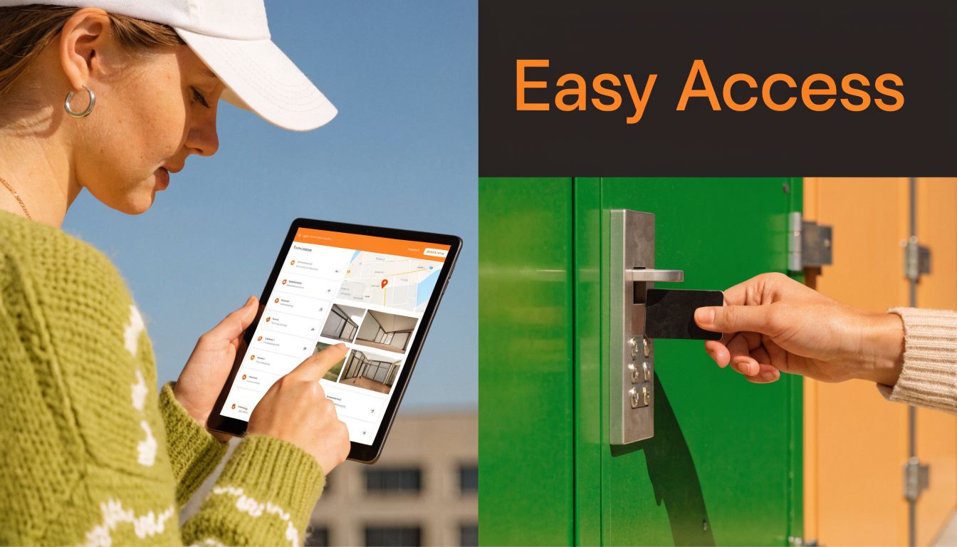 A woman using a tablet to access orange box storage units while another person opens a door.