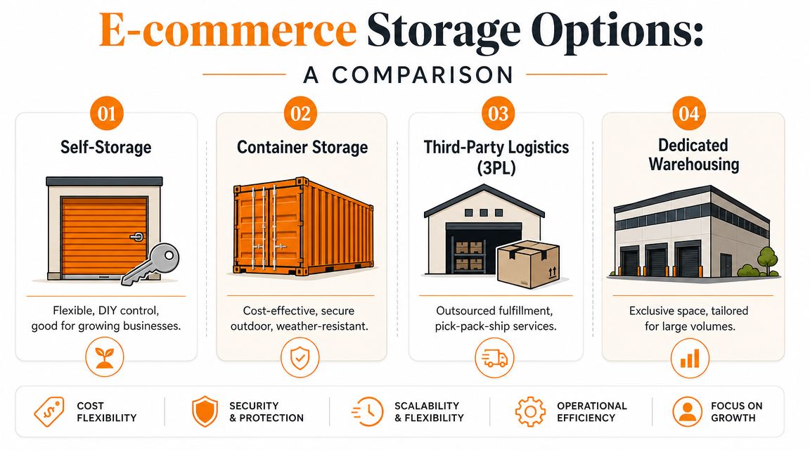 A comparison infographic showing four e-commerce storage options: self-storage, container storage, 3PL, and dedicated warehousing.