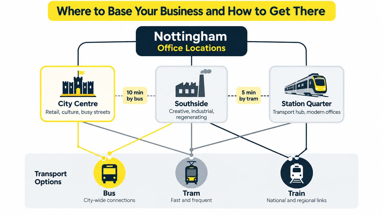 A diagram illustrating office locations in Nottingham including City Centre, Southside, and Station Quarter with transport options.