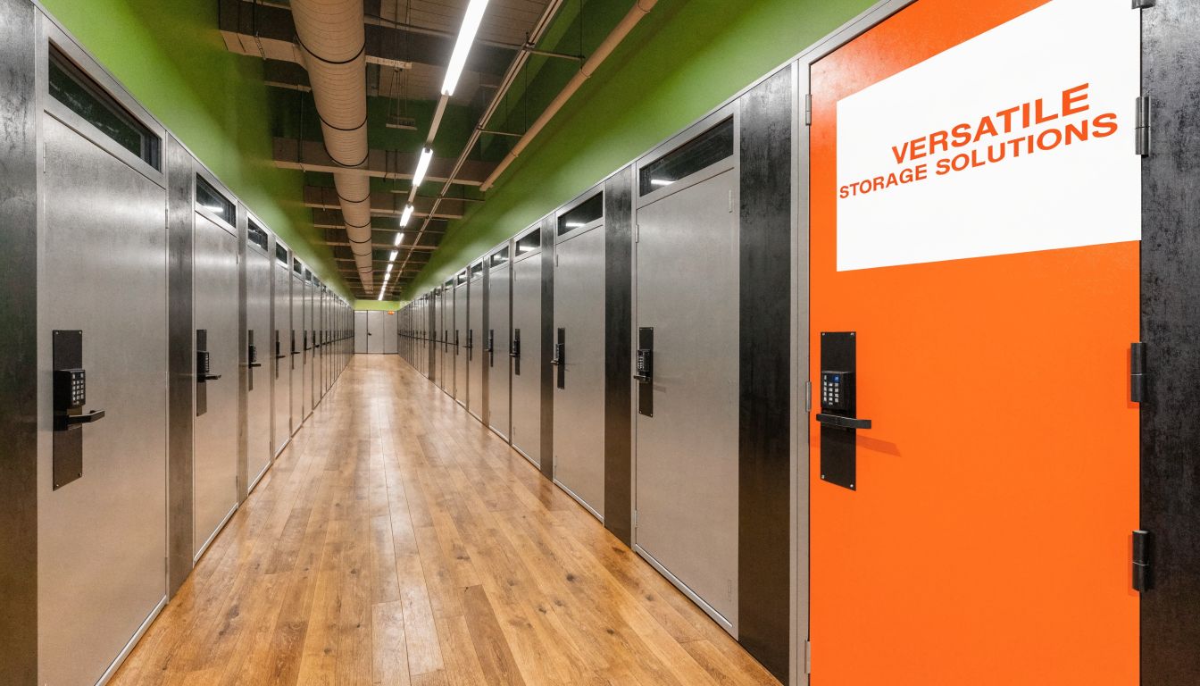 A long hallway lined with modern, secure self-storage units with orange and metallic doors in Slough.