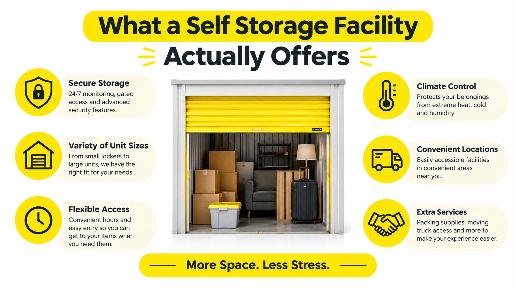 A graphic illustration detailing the key benefits and features offered by a professional self storage facility.