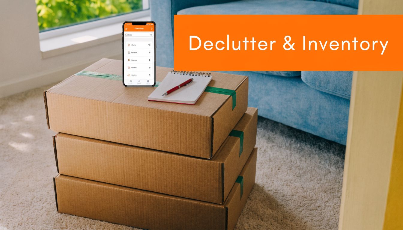 A smartphone, notebook, and pen placed on top of stacked cardboard boxes to organize house inventory.
