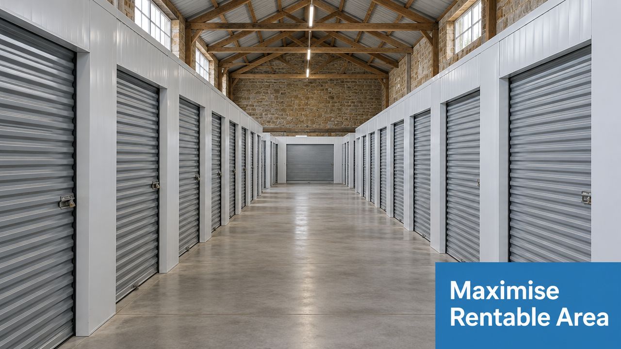A long interior corridor of a converted farm building featuring numerous grey metal self-storage unit doors.