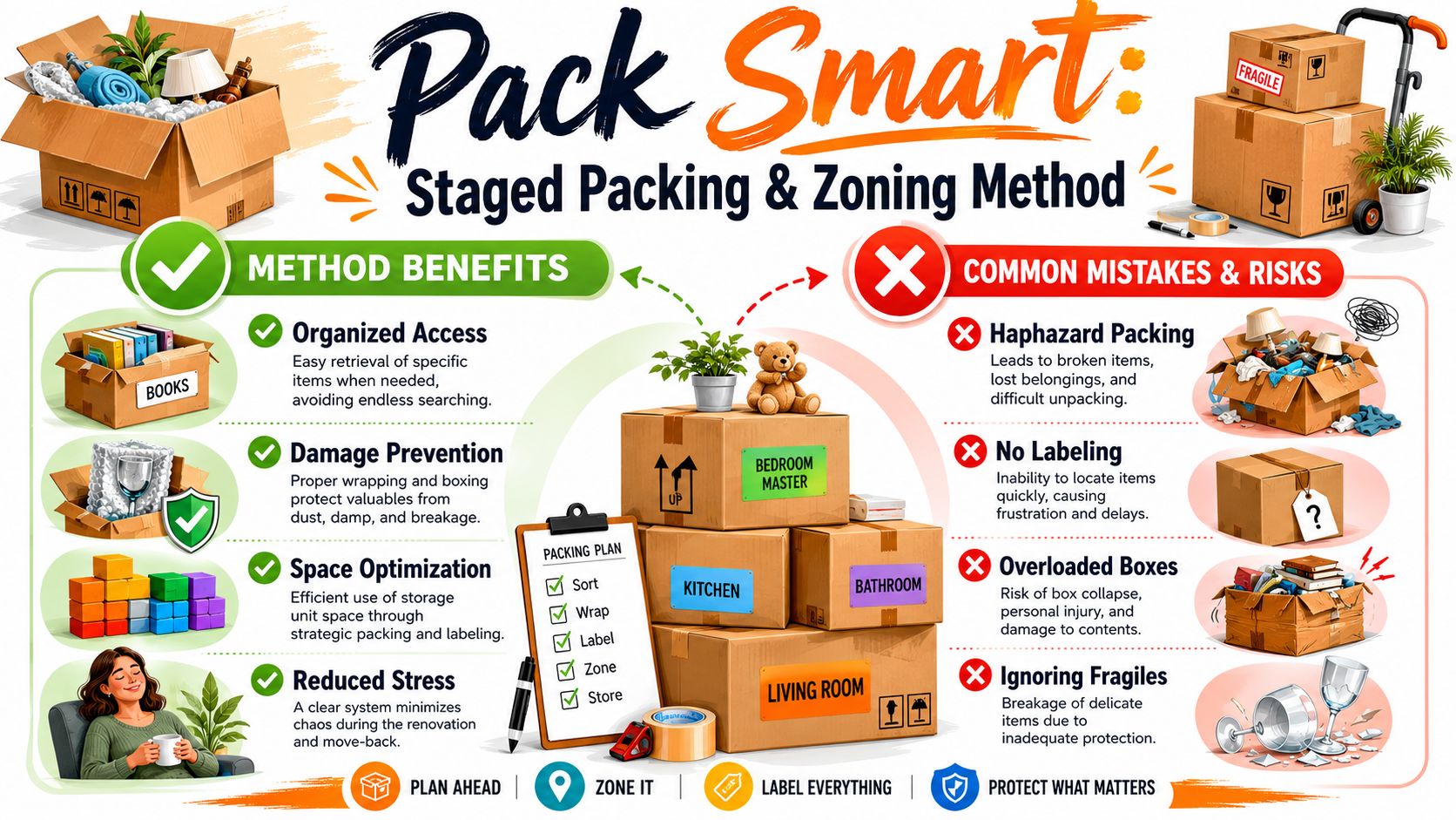 An infographic illustrating tips for organized storage during house renovations, contrasting packing methods and common mistakes.