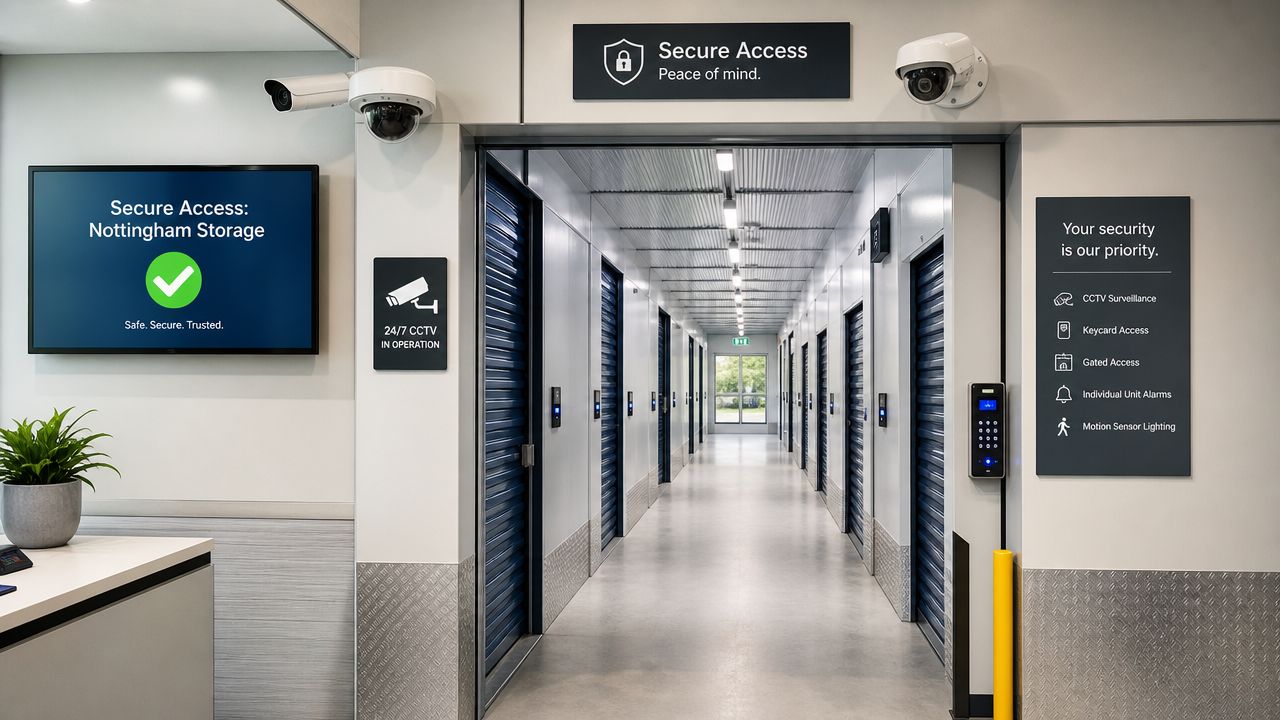 A secure hallway of a storage facility in Nottingham with surveillance cameras and electronic security systems.