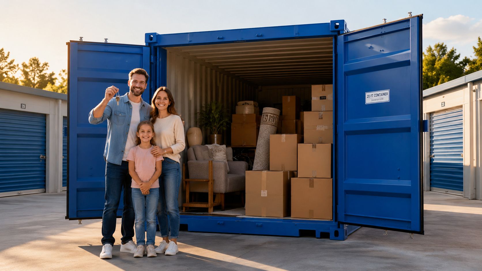 A happy family holding keys in front of a rented blue 20ft storage container filled with boxes.