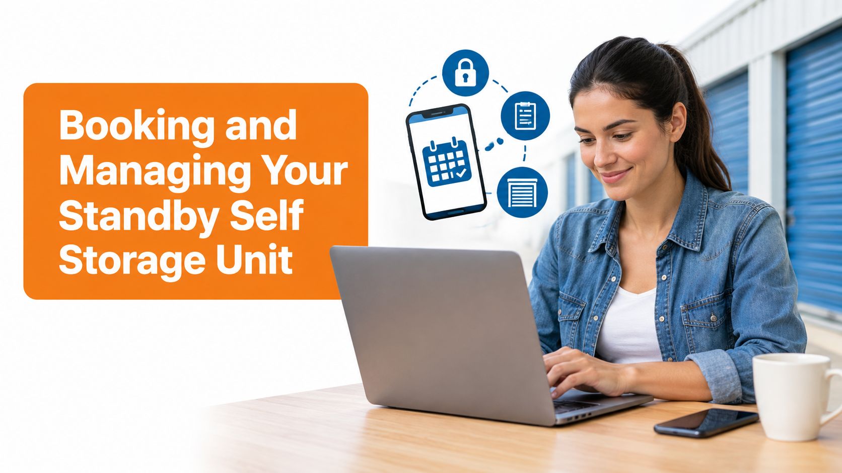 A smiling woman using a laptop to book and manage her self-storage unit online.