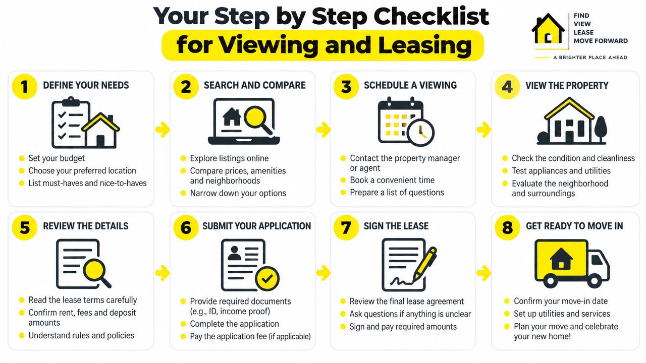 An 8-step infographic checklist for viewing and leasing a new property, from defining needs to moving in.