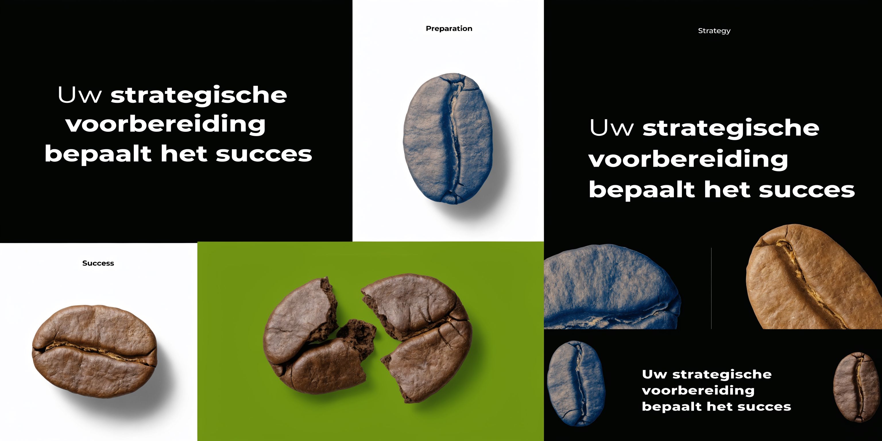 Grafische compositie met koffiebonen die de relatie tussen strategische voorbereiding en zakelijk succes symboliseert.