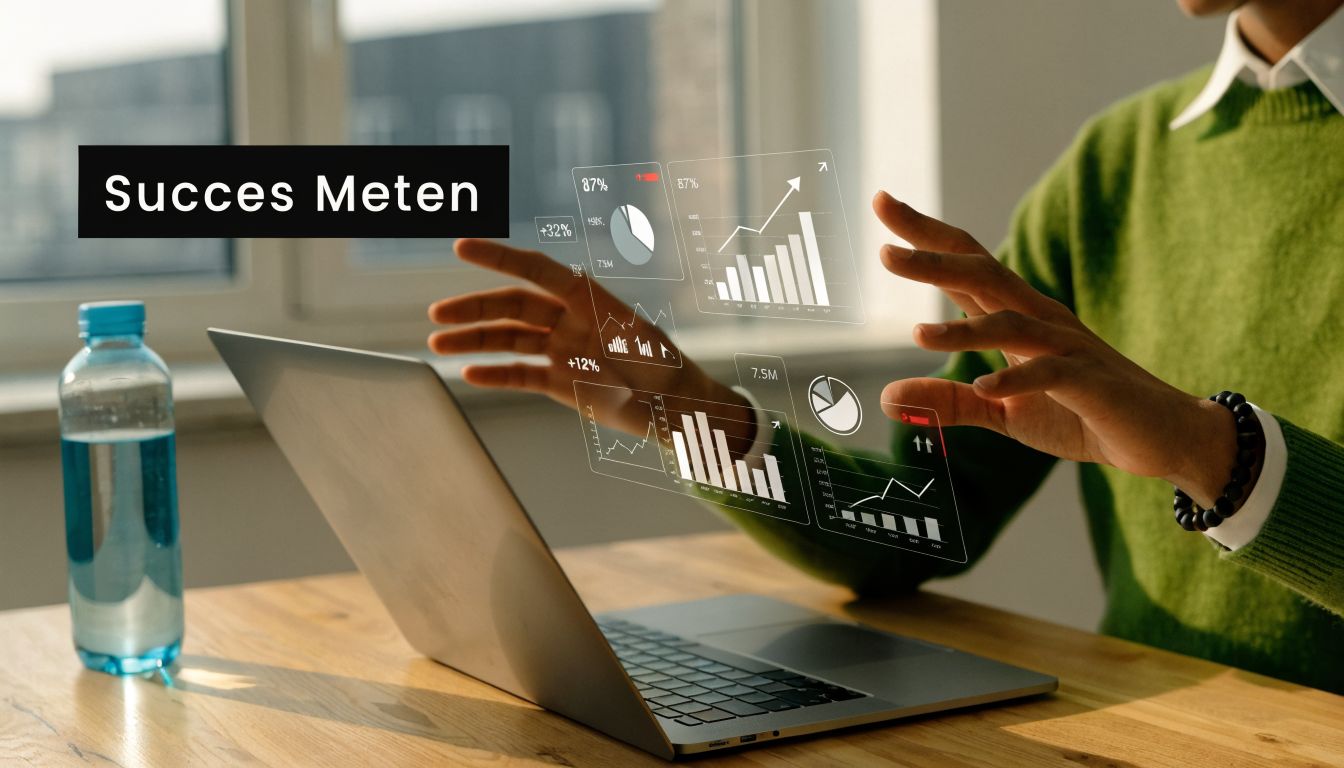 Een persoon in een groene trui bekijkt digitale grafieken en bedrijfsgegevens via een virtueel scherm op laptop.