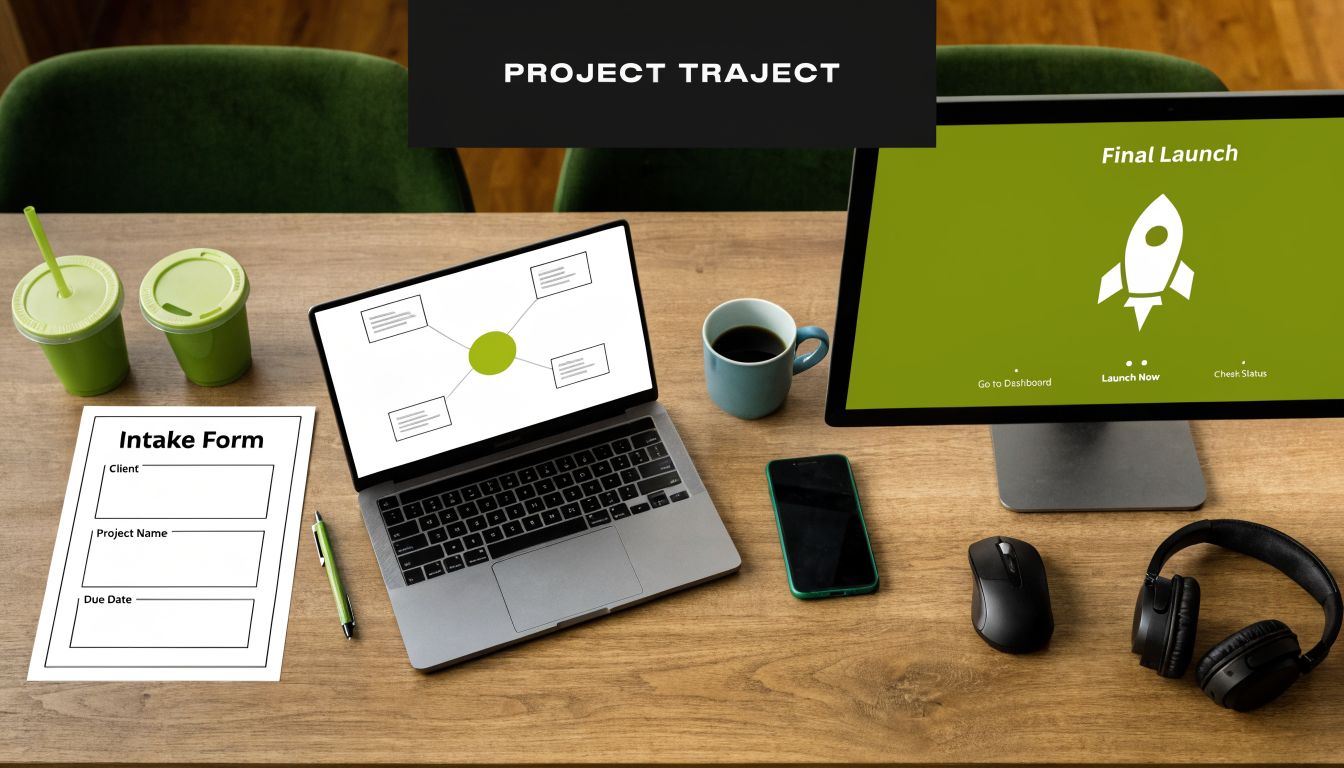 Een bureau met een laptop, computer, notitieblok en koptelefoon, klaar voor het beheren van projecttaken en planning.