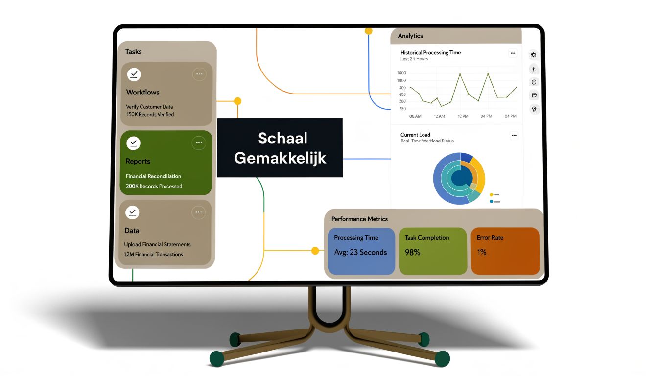 Een modern computerscherm dat een bedrijfsdashboard toont met taken, analytics en prestatiegegevens over schaalbare bedrijfsoplossingen.
