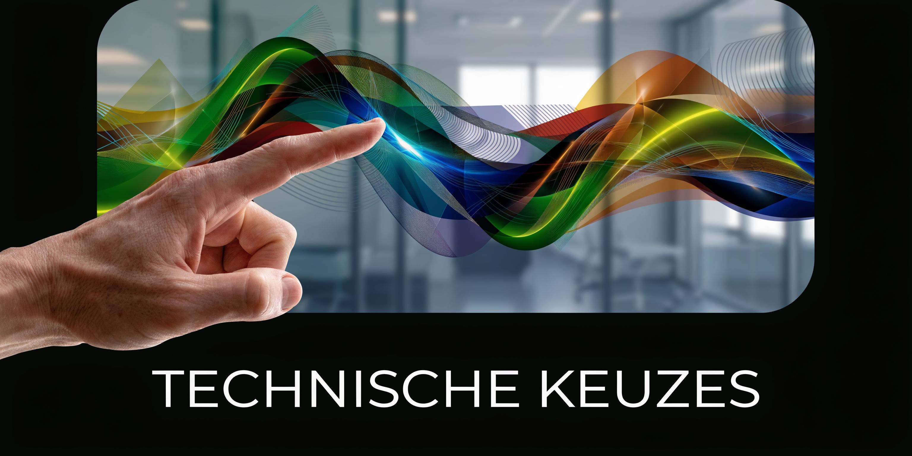 Een menselijke hand die een abstracte digitale golf van kleurrijke lichtlijnen aanraakt in een modern kantoorconcept.