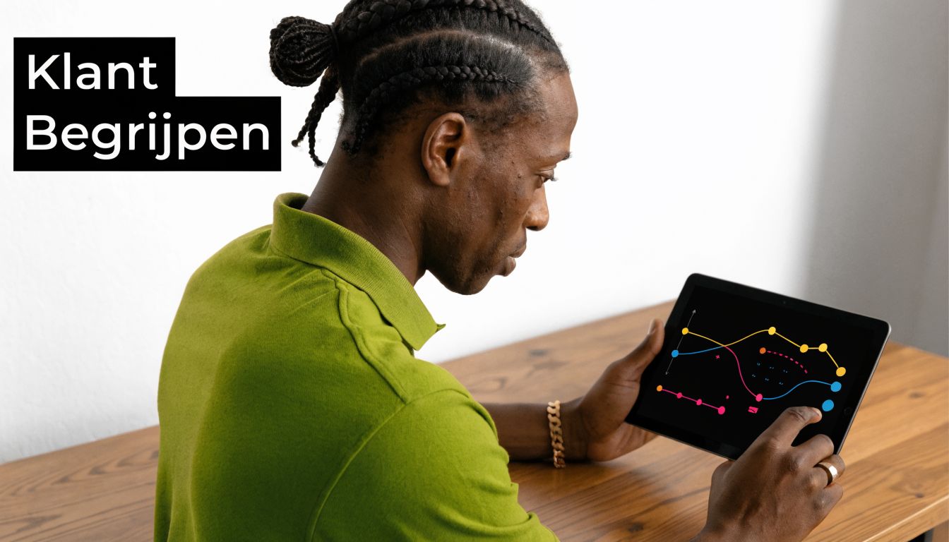Een man met vlechten bekijkt aandachtig een digitale grafiek op een tablet aan een houten bureau.