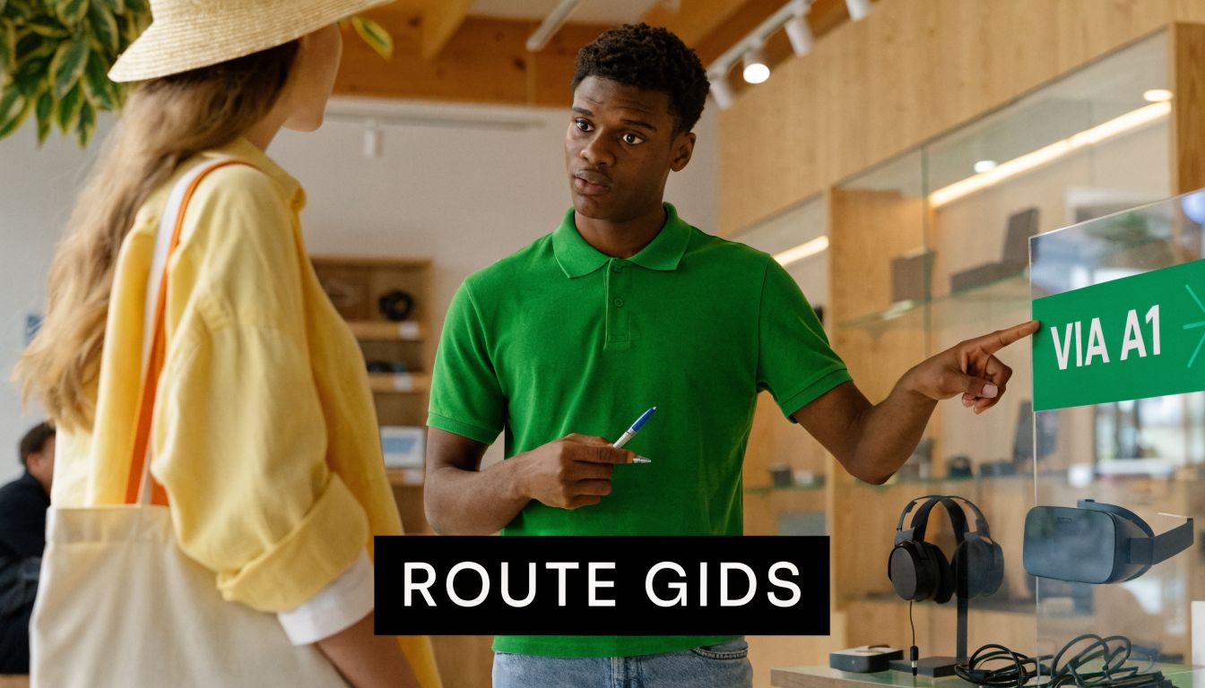Een winkelmedewerker in een groen poloshirt helpt een klant met advies in een elektronicawinkel.