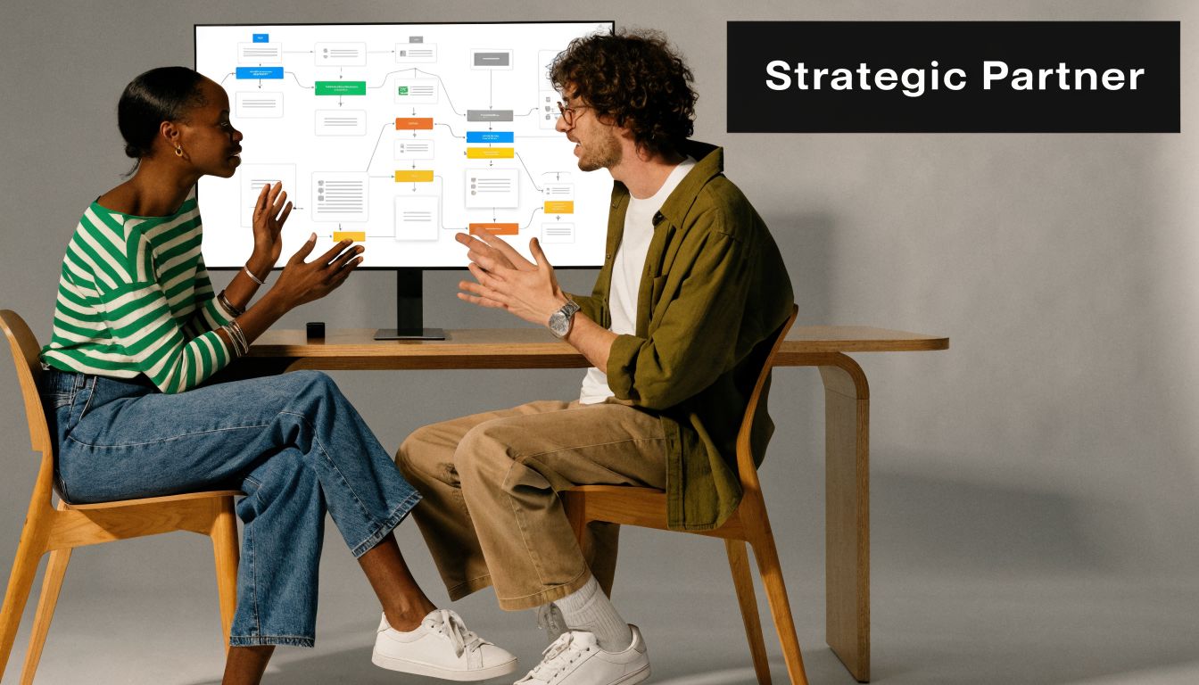 Twee professionele partners bespreken een bedrijfsstrategie of workflow aan een bureau met een groot computerscherm.