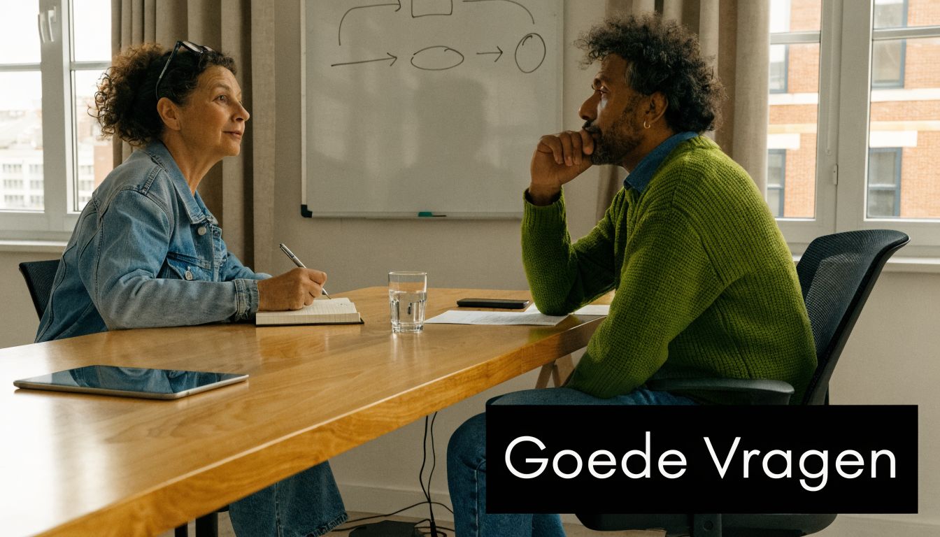 Een professionele man en vrouw in gesprek tijdens een zakelijke meeting aan een houten vergadertafel.
