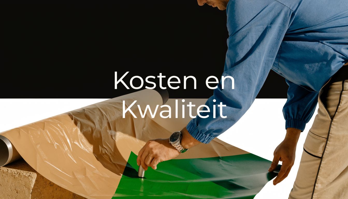 Een man in werkkleding plaatst een kwalitatief hoogwaardige banner op een ondergrond, terwijl hij de kosten en kwaliteit beoordeelt.