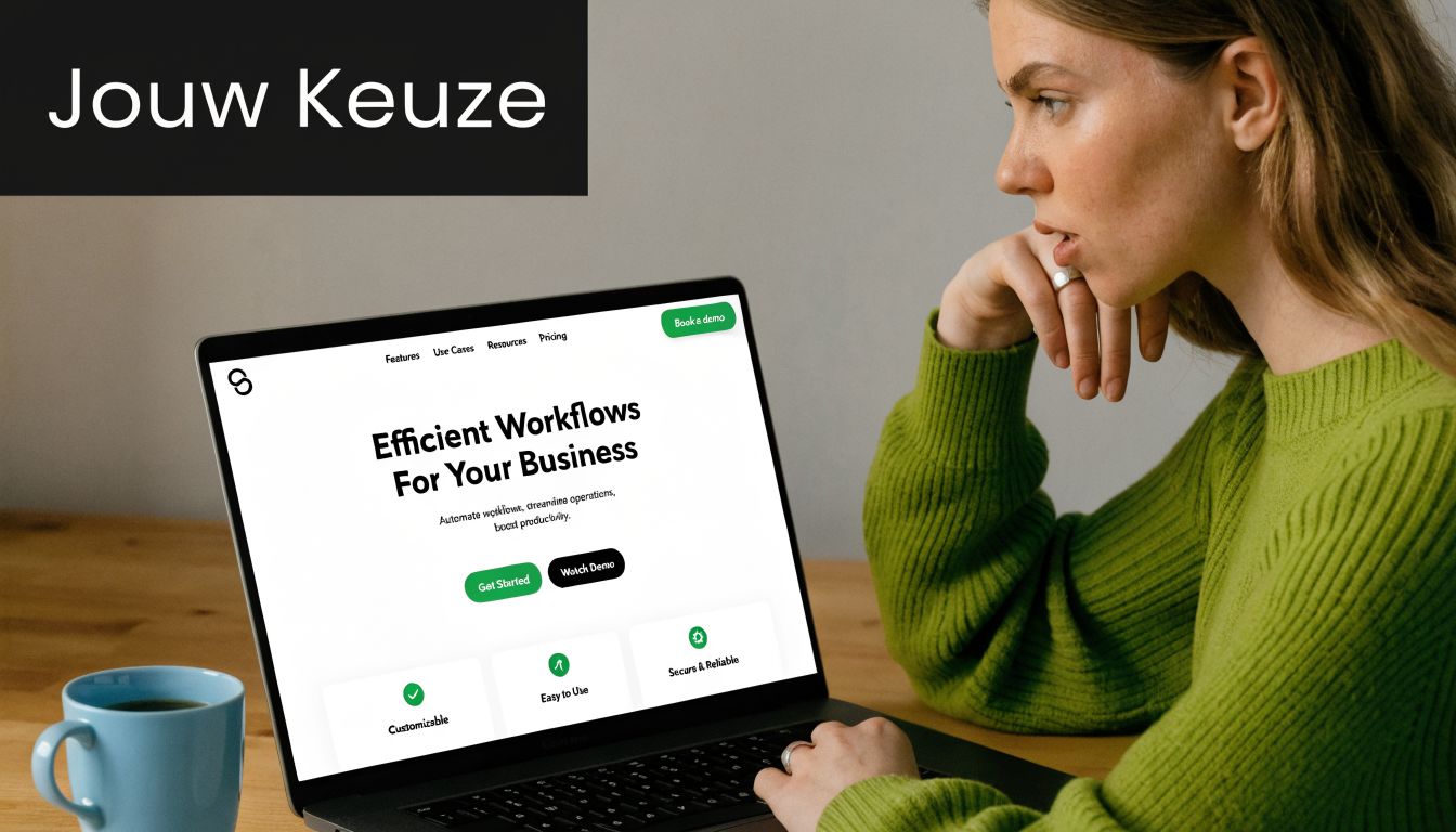 Een vrouw in een groene trui kijkt geconcentreerd naar een laptop waarop een bedrijfswebsite wordt getoond.