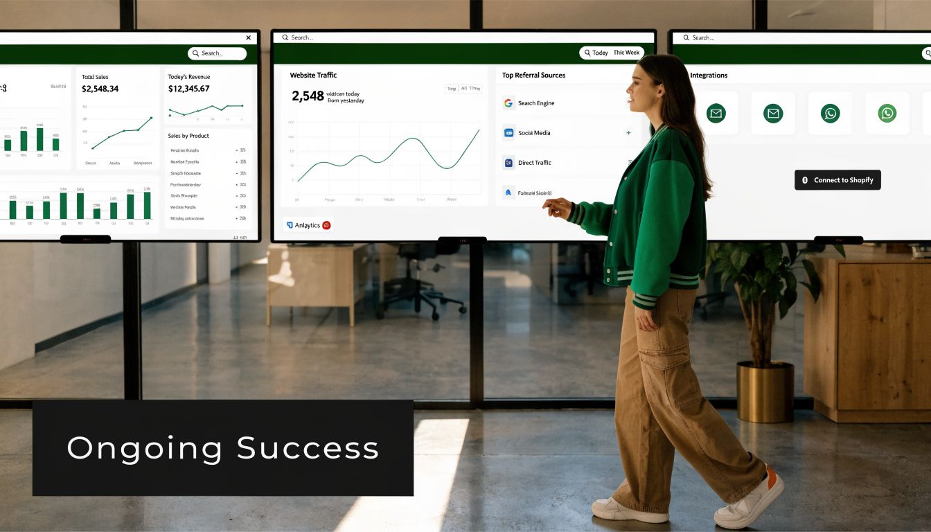 Een vrouw loopt voor grote schermen die gedetailleerde webshop statistieken en data-analysedashboards in een modern kantoor tonen.