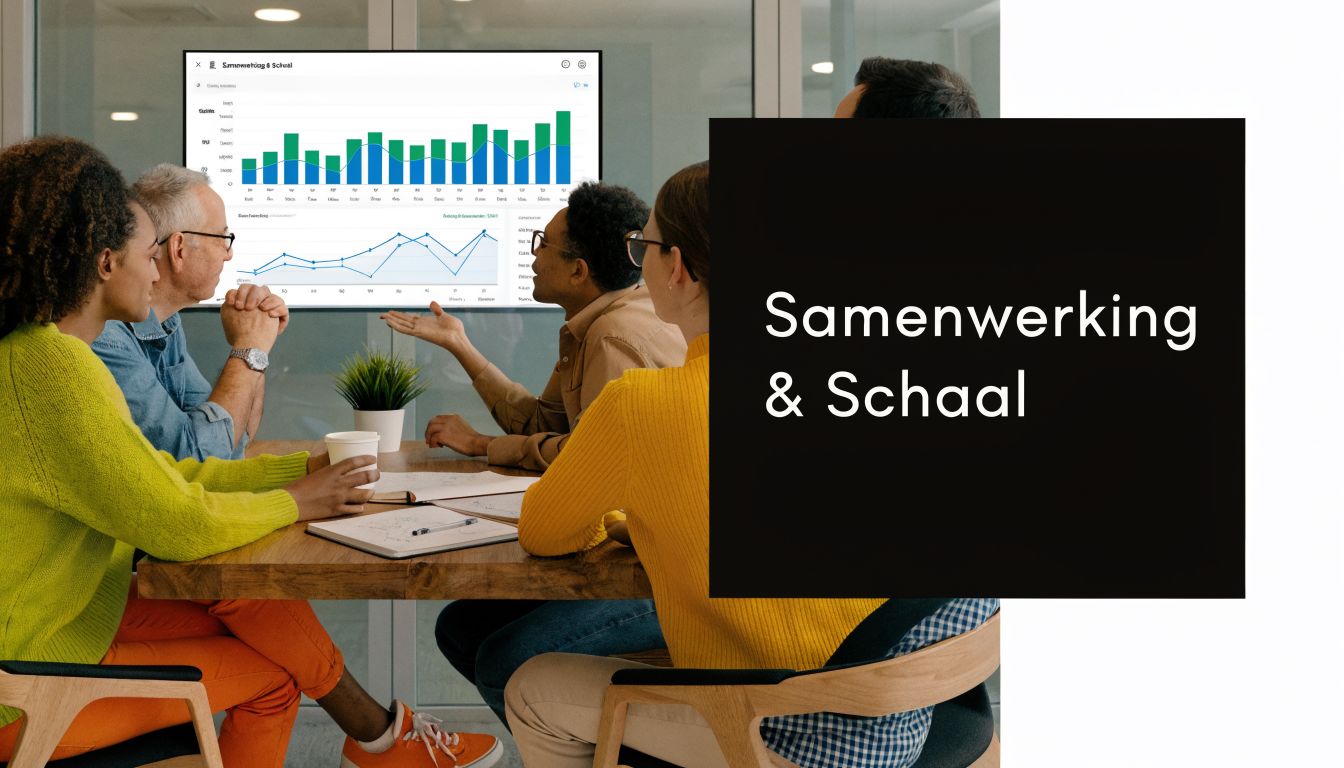 Een diverse groep professionals overlegt in een vergaderruimte over bedrijfsdata gepresenteerd op een groot scherm.