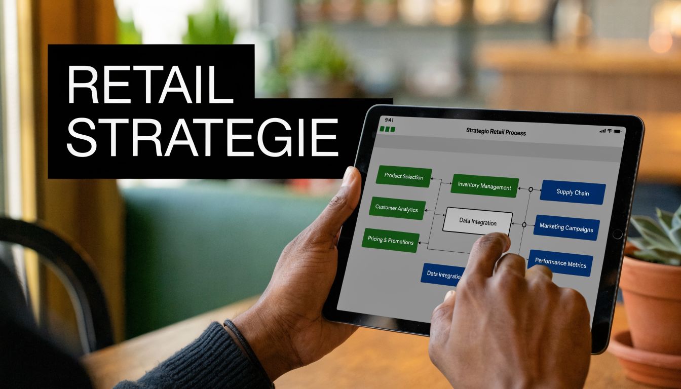 Een persoon bekijkt een schema over retailstrategie en procesoptimalisatie op een tablet in een kantooromgeving.