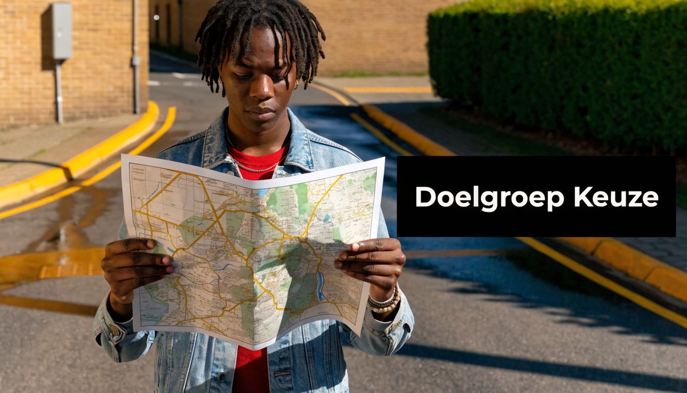 Een jongeman met dreadlocks kijkt geconcentreerd naar een papieren landkaart op straat met de tekst Doelgroep Keuze.