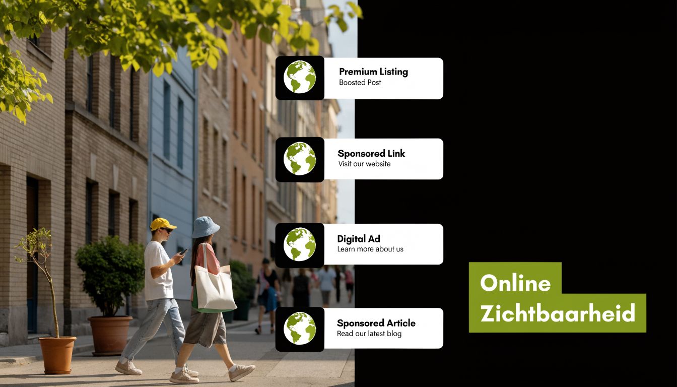 Een grafische weergave met verschillende online advertentiemogelijkheden voor digitale zichtbaarheid, met mensen die op straat lopen.