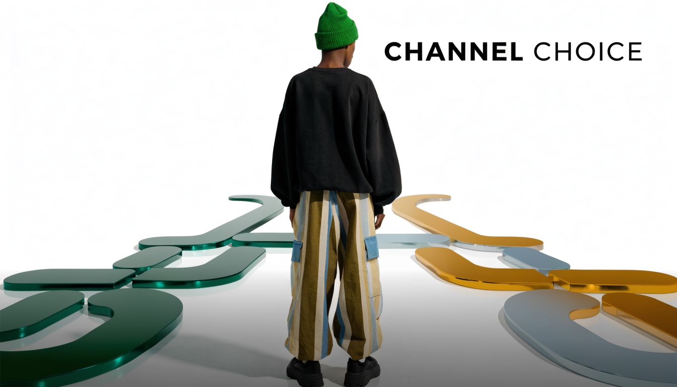 Een persoon met een groene muts staat tussen abstracte gekleurde 3D-vormen met de tekst Channel Choice.