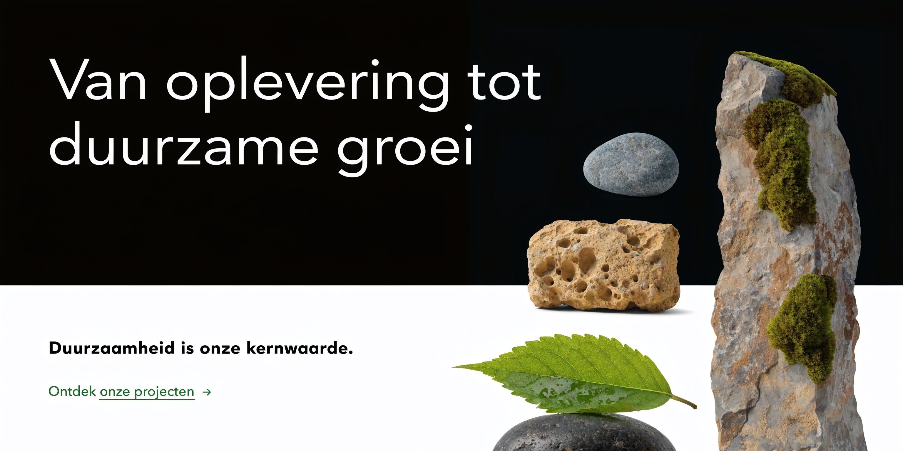 Een artistieke compositie van stenen en een blad die duurzame groei en milieubewustzijn in de bouw symboliseert.
