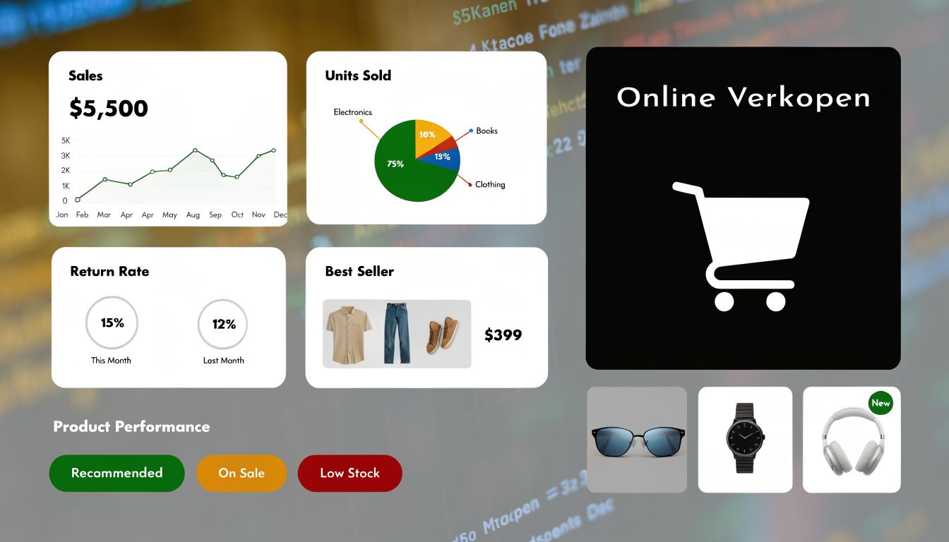 Een dashboard met verkoopstatistieken, een cirkeldiagram, retourpercentages en productafbeeldingen voor een online winkelbeheersysteem.