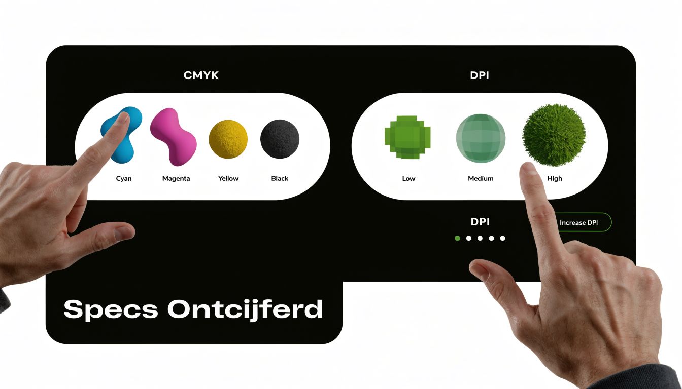 Een interactieve interface die de begrippen CMYK-kleuren en DPI-resolutie visueel uitlegt voor grafisch ontwerp.