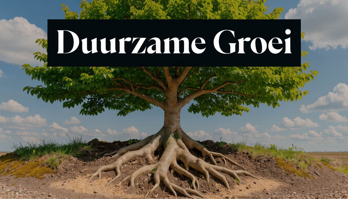 Een grote boom met diepe wortels in een open landschap met de tekst Duurzame Groei erboven.