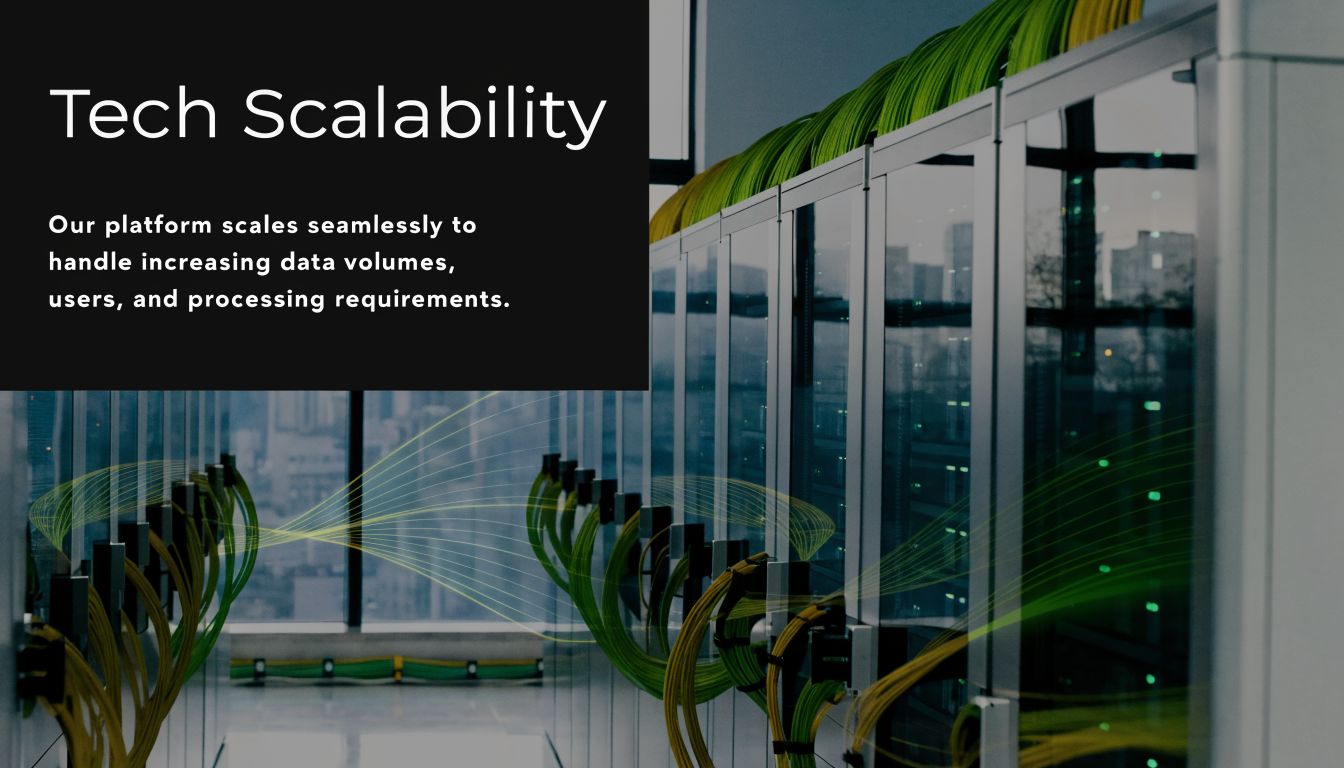 Een serverruimte met moderne racks en netwerkkabels die technologische schaalbaarheid en databeheer visualiseert.